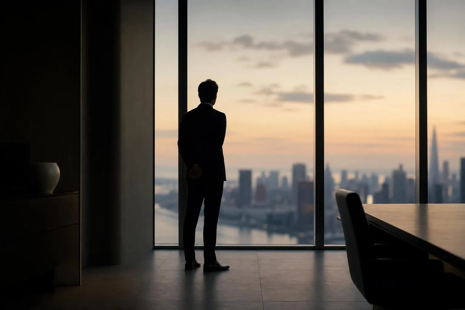 Silhouetted figure looking out from tall windows at dusk, contemplative.