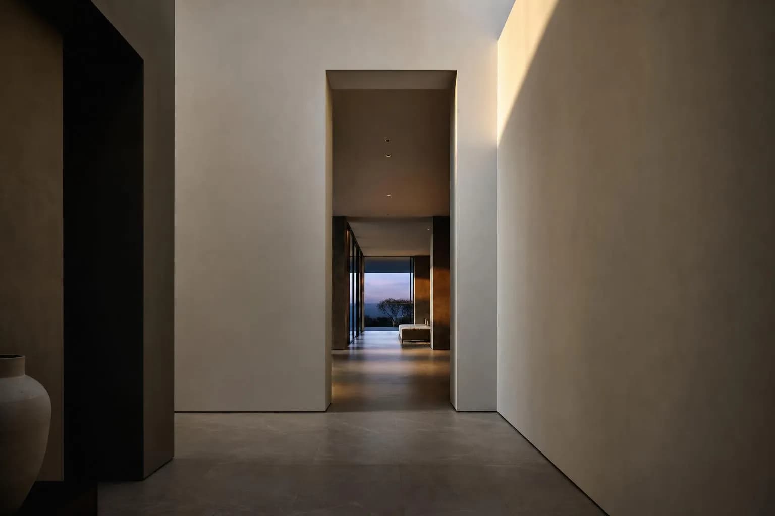 Modernist interior corridor with clean lines and geometric shadows suggesting structured decision-making