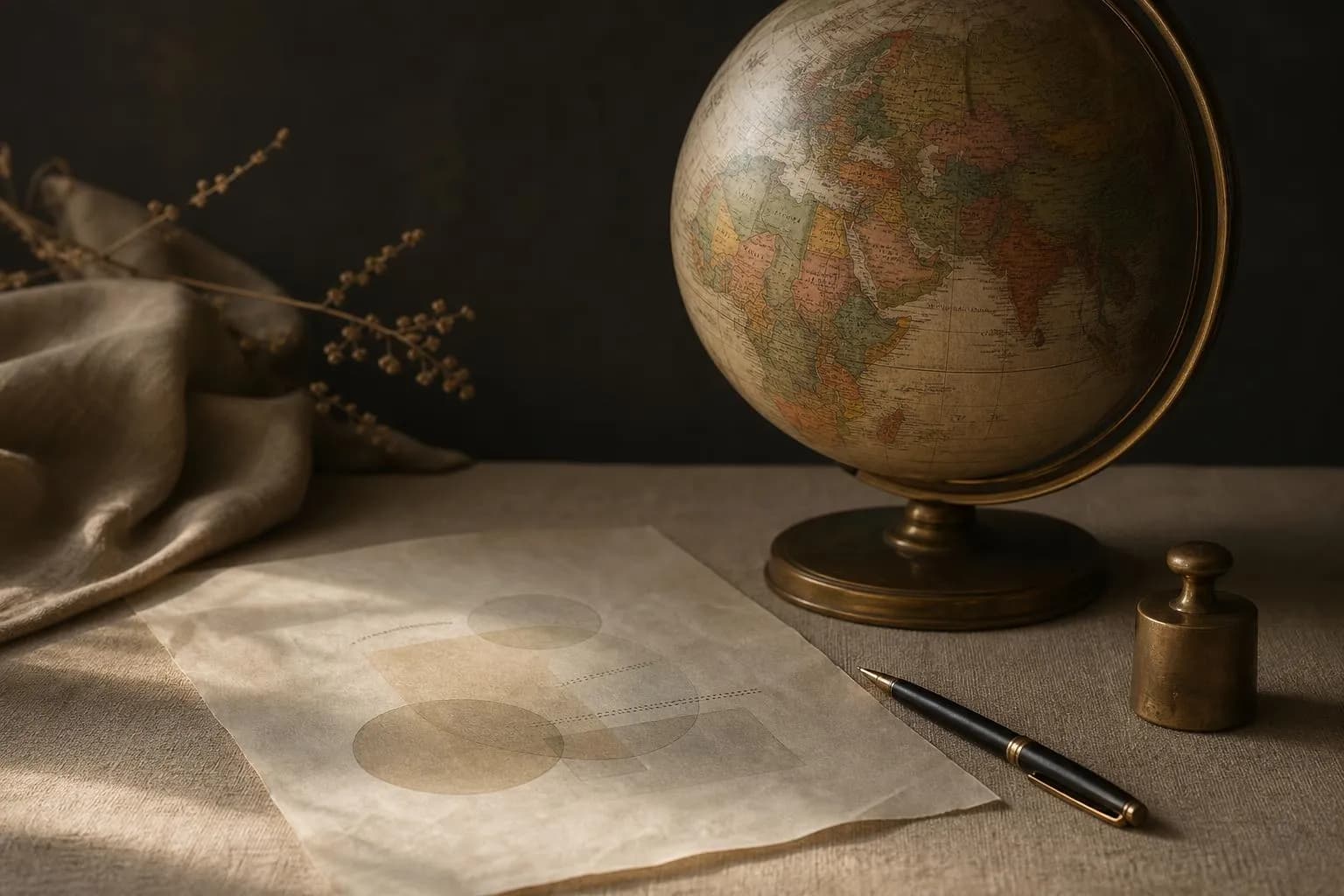 A minimalist still life: globe, papers, and pen arranged on linen, symbolizing thoughtful emerging-market allocation decisions.