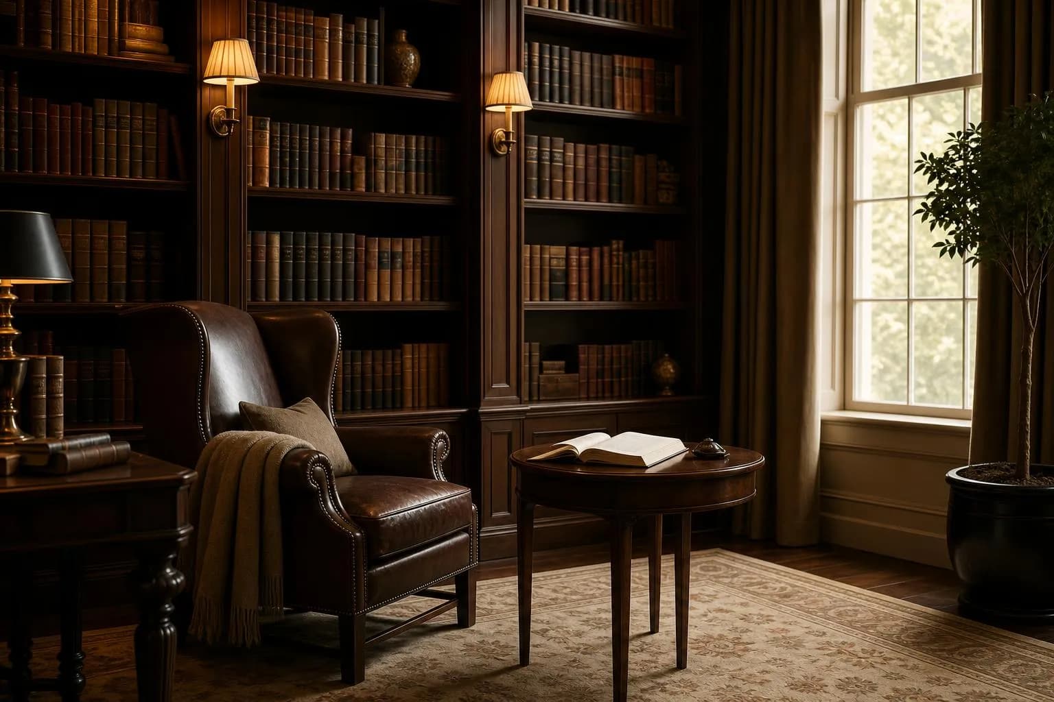 Warm-lit private library with leather wingback chair, shelves of books, and focused study space.