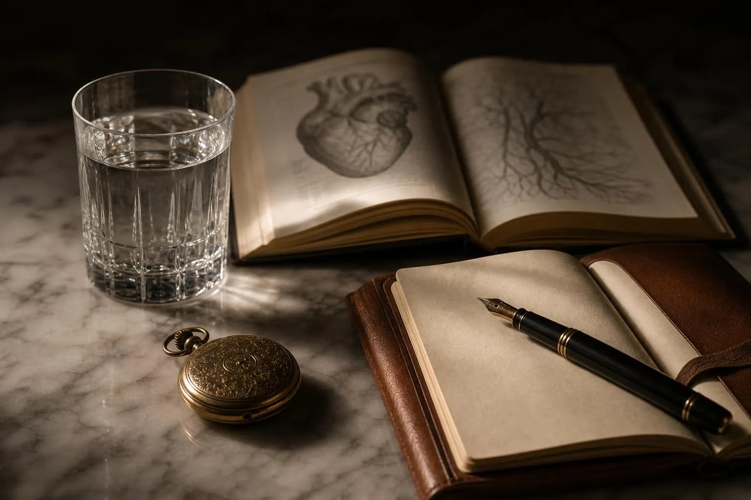 Still life arrangement of medical journal, pocket watch, water glass, and leather journal on marble surface