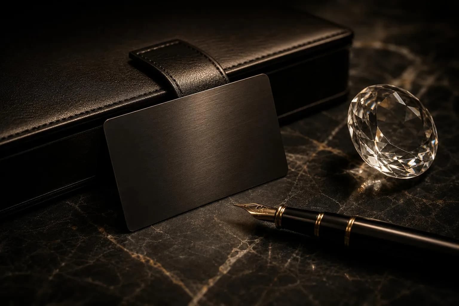 Elegant still life: black card, leather portfolio, fountain pen, and crystal on marble surface with soft directional lighting