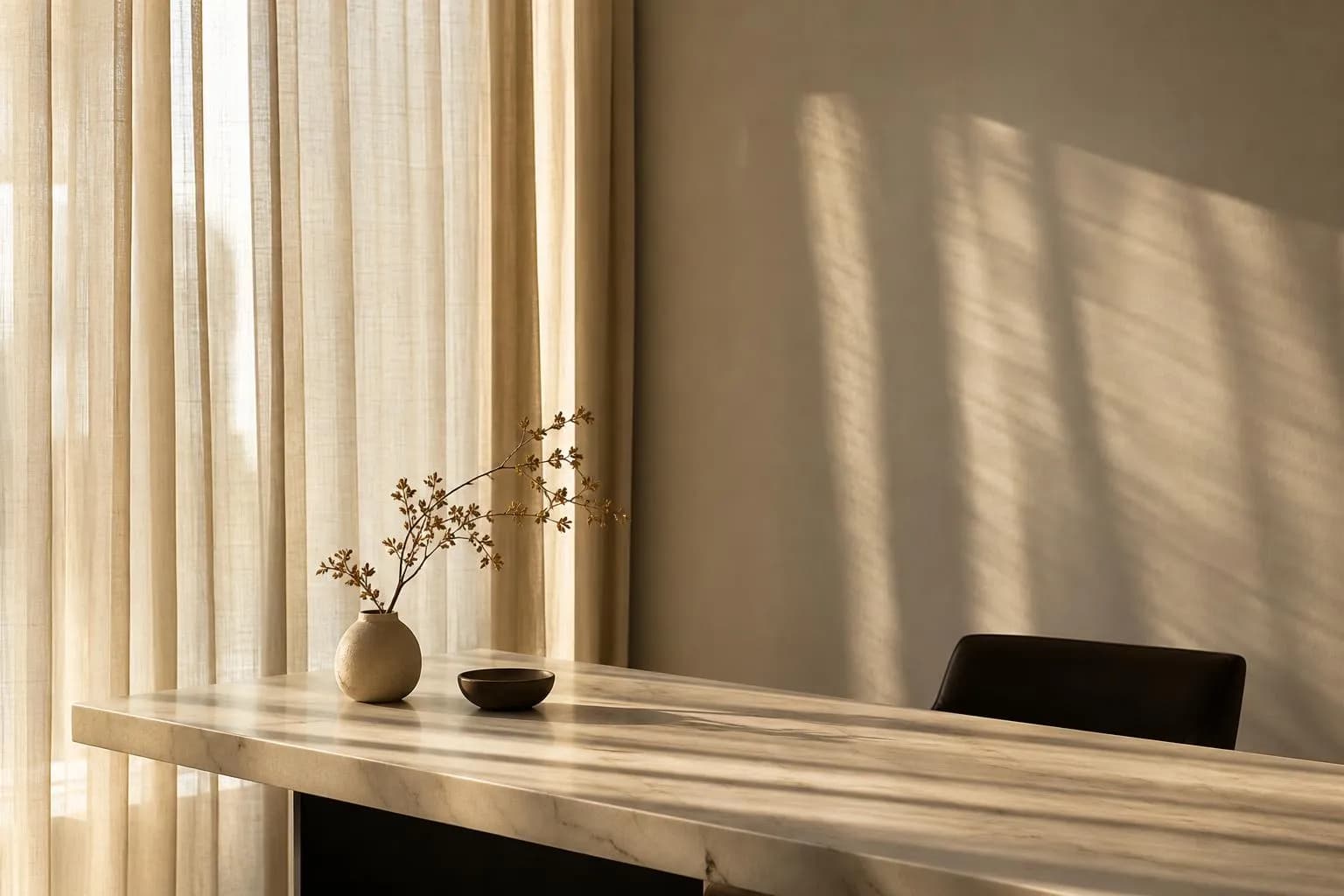 Sunlight through sheer curtains casting soft shadows on a pale wall and minimal surface