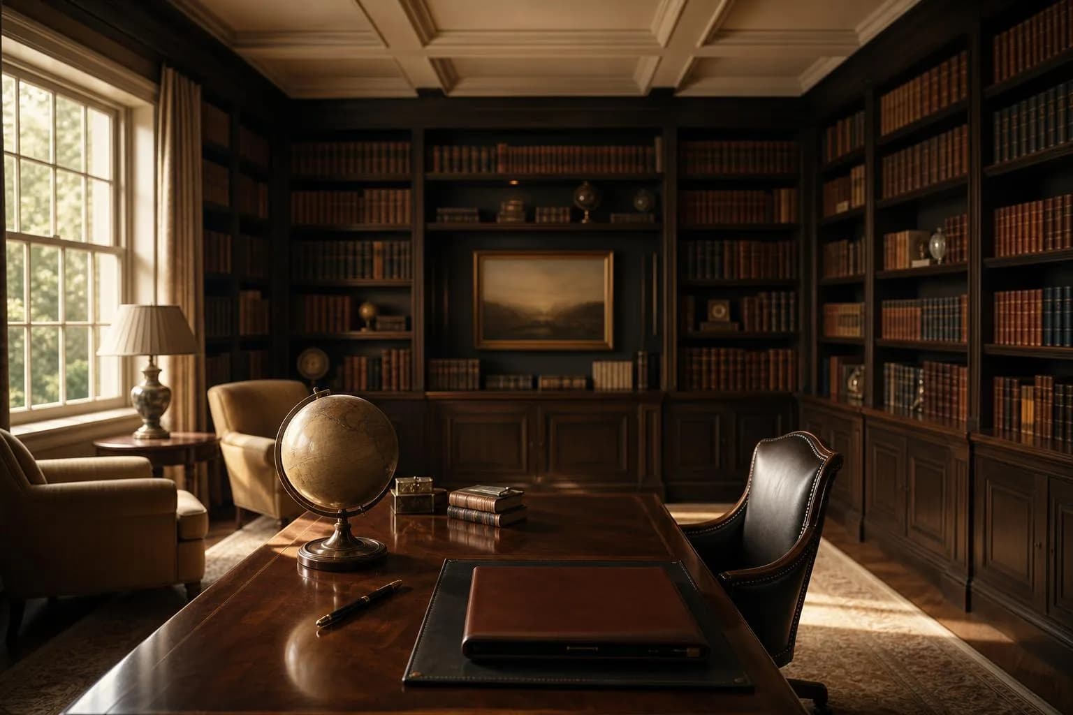 Quiet private library with leather-bound books, mahogany desk, and carefully arranged objects suggesting integrated planning.