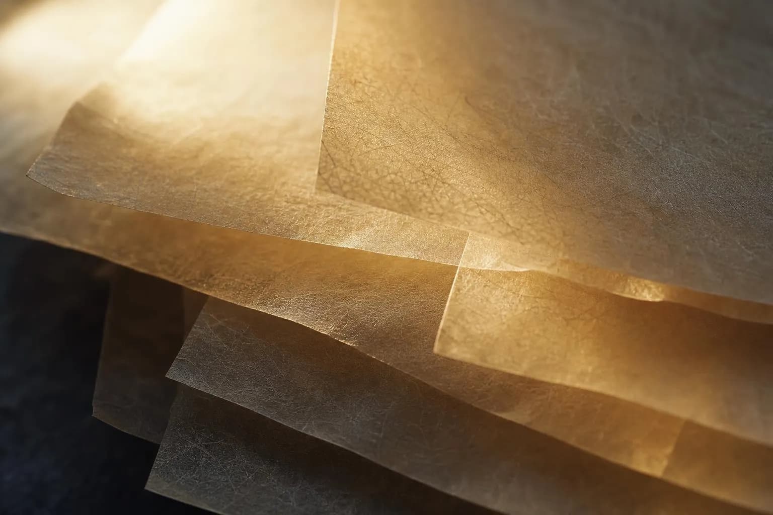Close-up of layered, translucent sheets with warm light revealing texture and depth