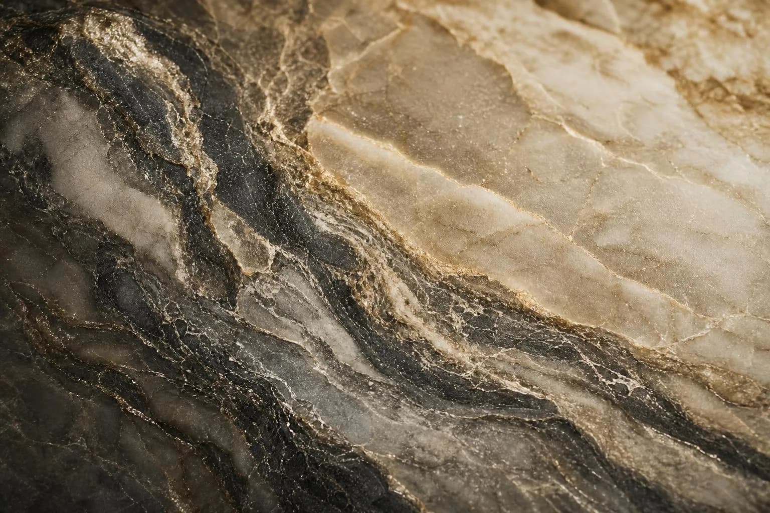 Close-up of marble veining with soft directional light emphasizing texture and depth