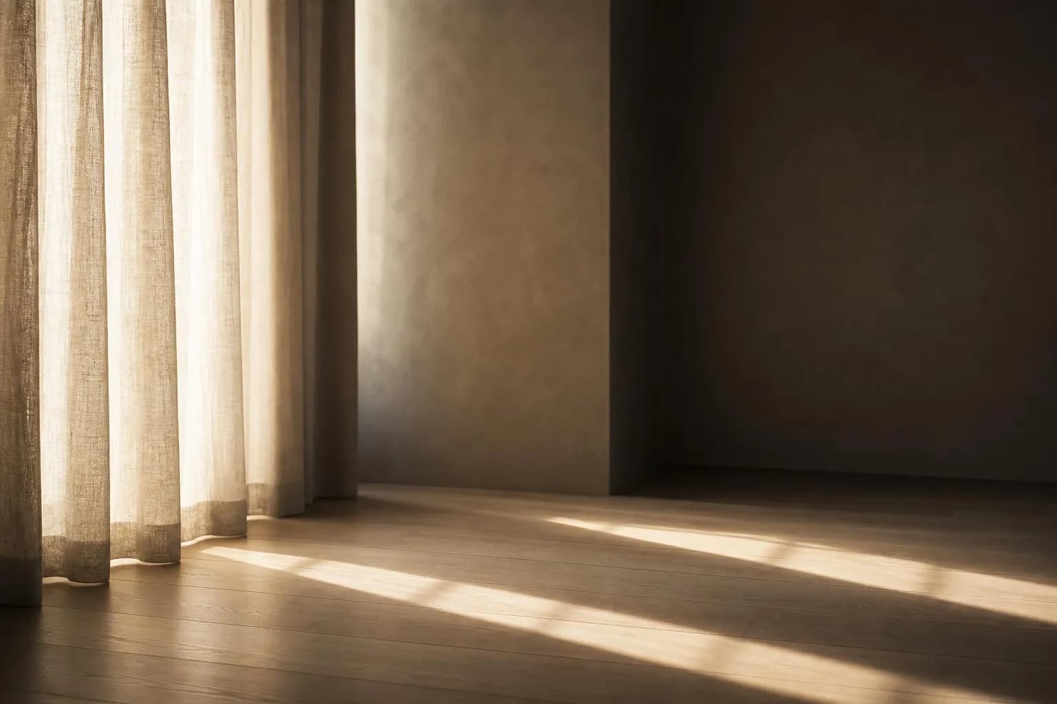 Sunlight filtering through sheer curtains, casting soft shadows on a wooden floor