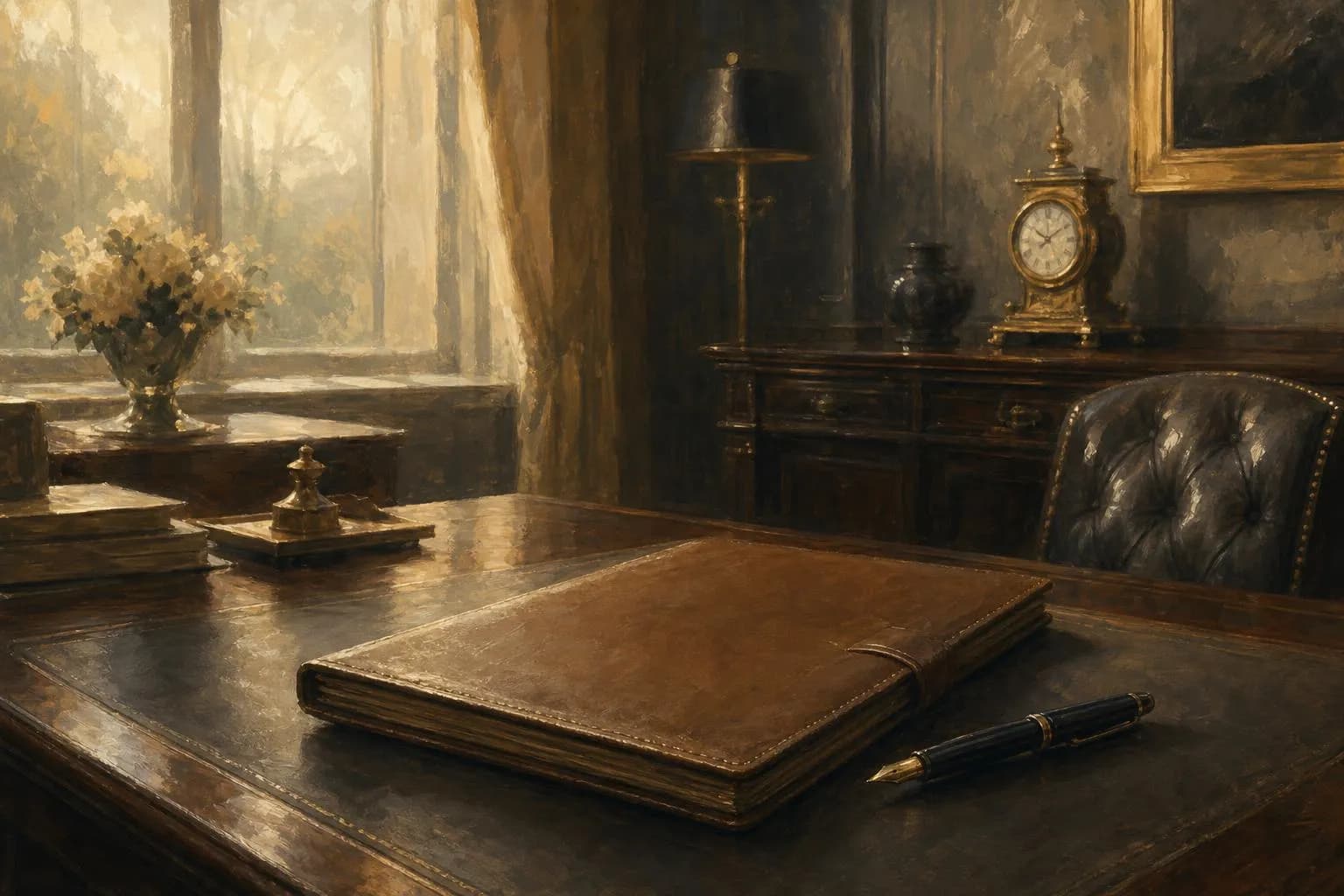 A serene library corner with leather-bound documents and a fountain pen, rendered in soft impressionistic tones.