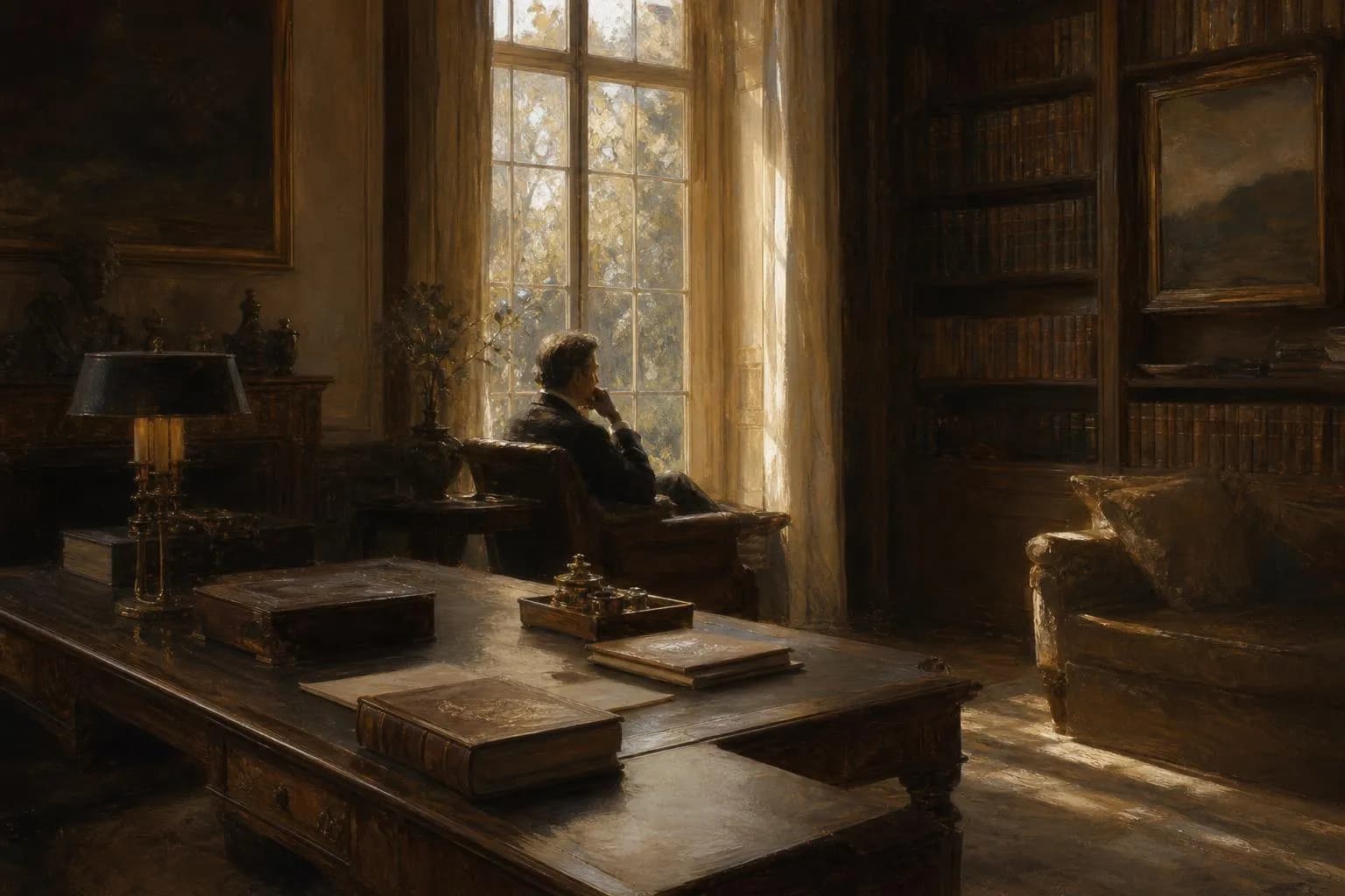 Impressionistic interior with figure at desk, afternoon light, thoughtful and shadowed atmosphere