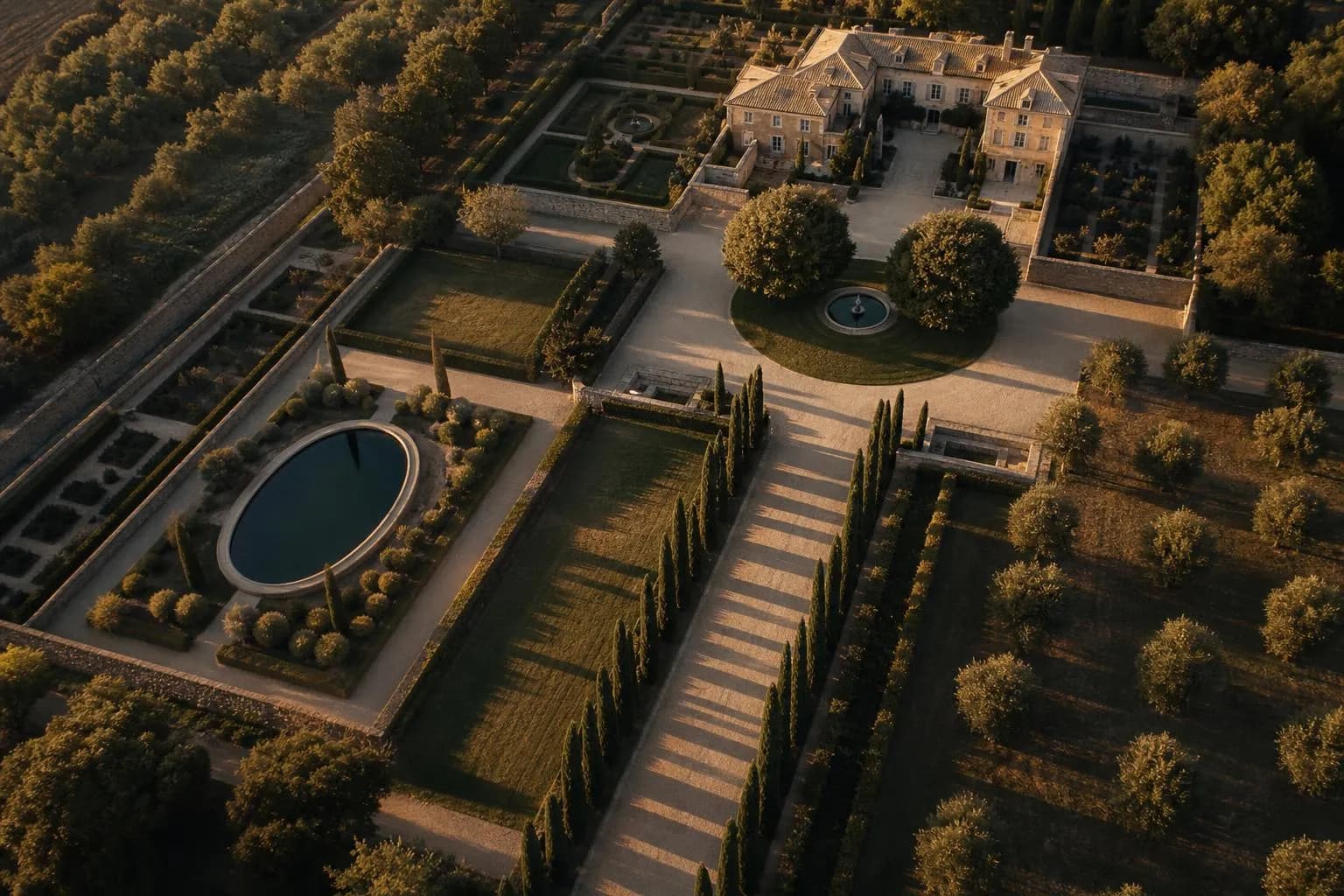 Aerial view of manicured estate with formal gardens and driveway at sunset.
