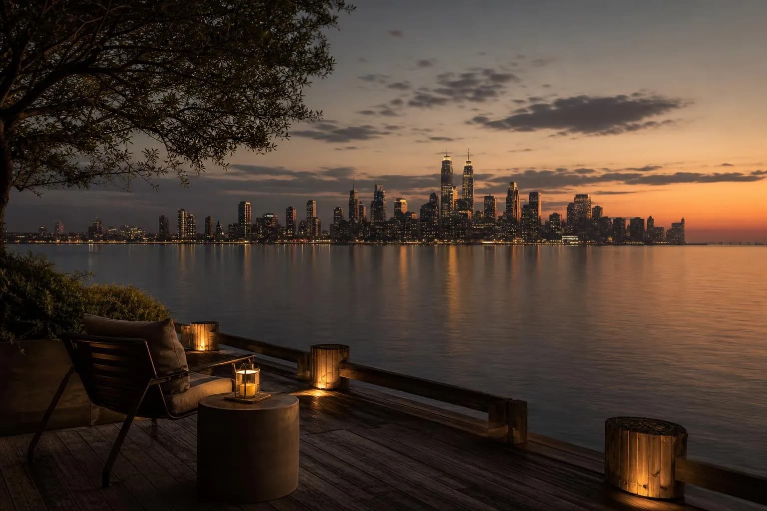 Distant city lights reflected in dark water at dusk, viewed from a quiet foreground.