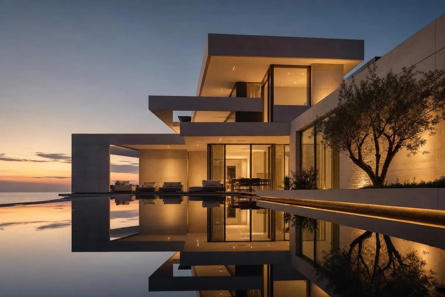 Modernist villa with sharp geometry reflected in still water at dusk