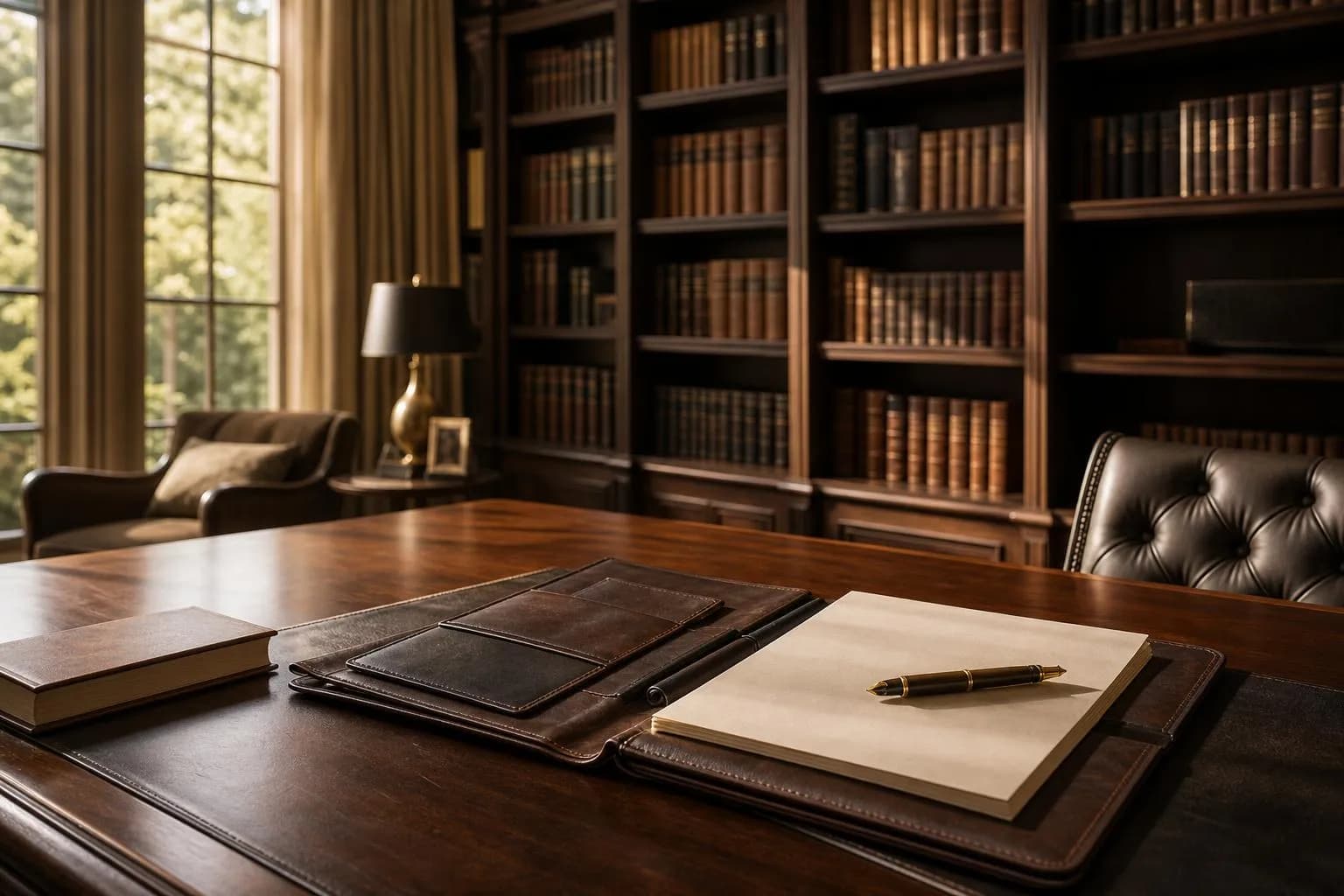 Sunlit private library with leather-bound books, reading table, and estate documents in warm afternoon light
