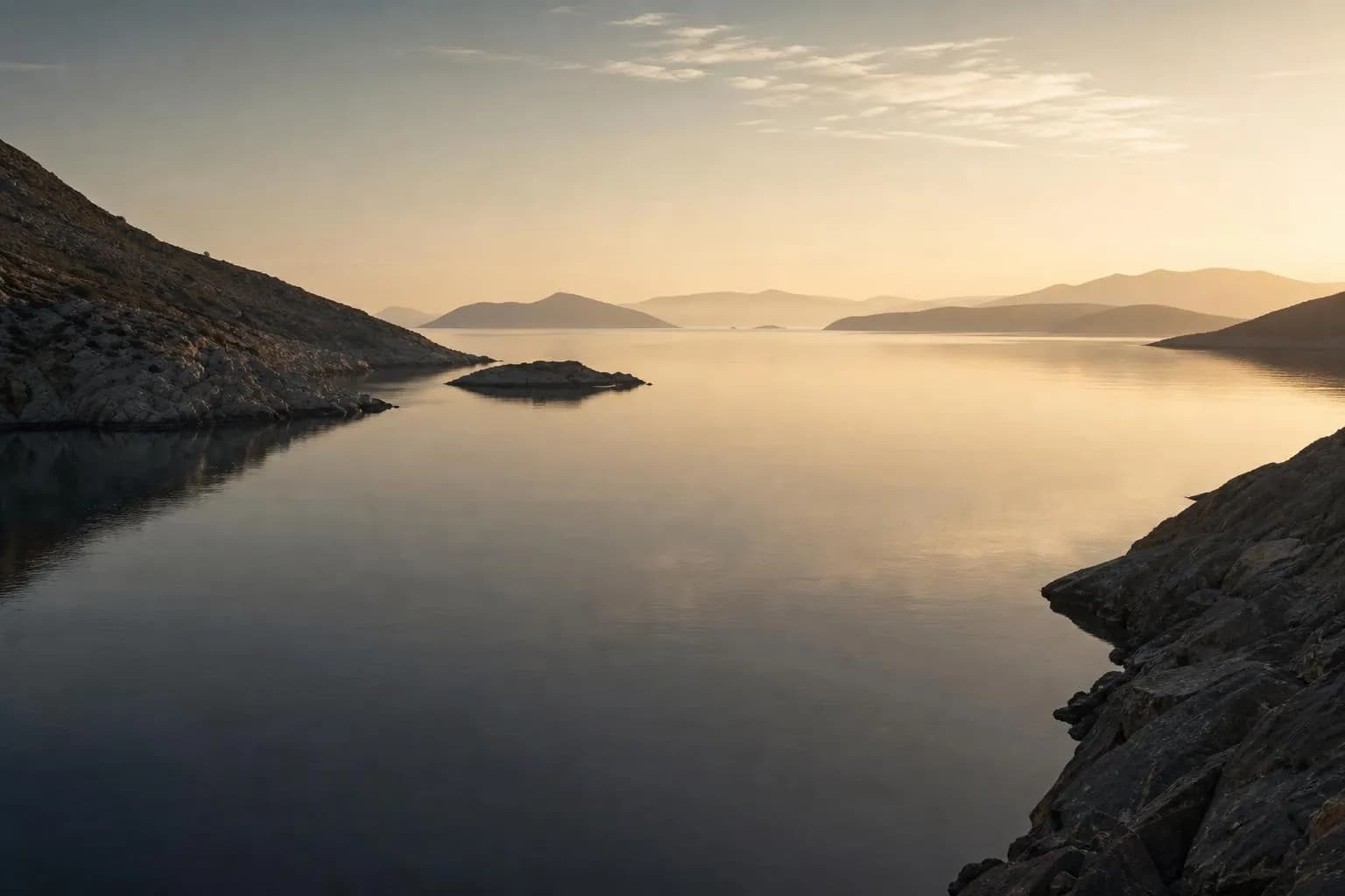 Calm coastal waters at dawn between dark headlands, reflecting pale light