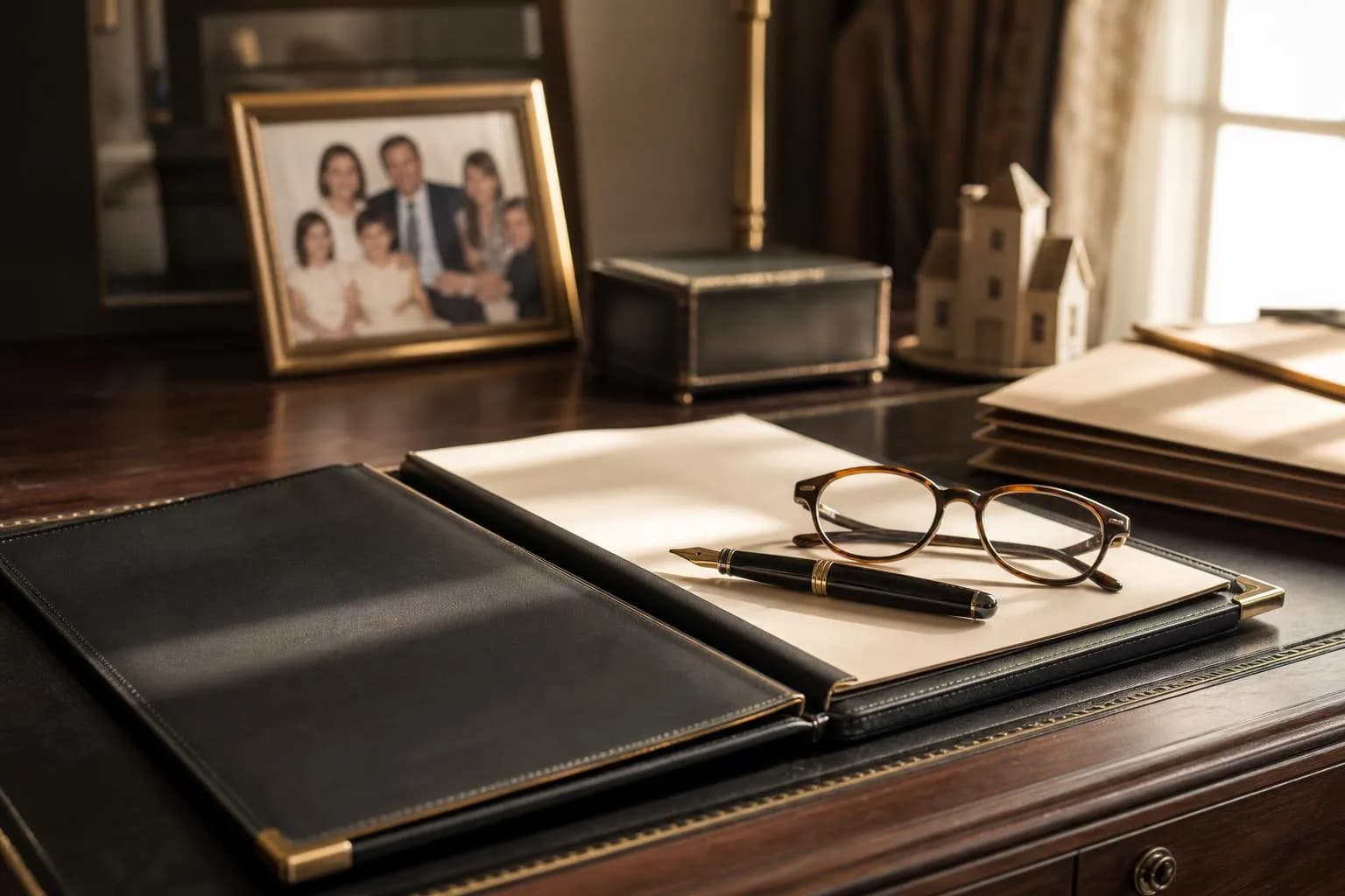 Estate planning documents and pen on mahogany desk with morning light.