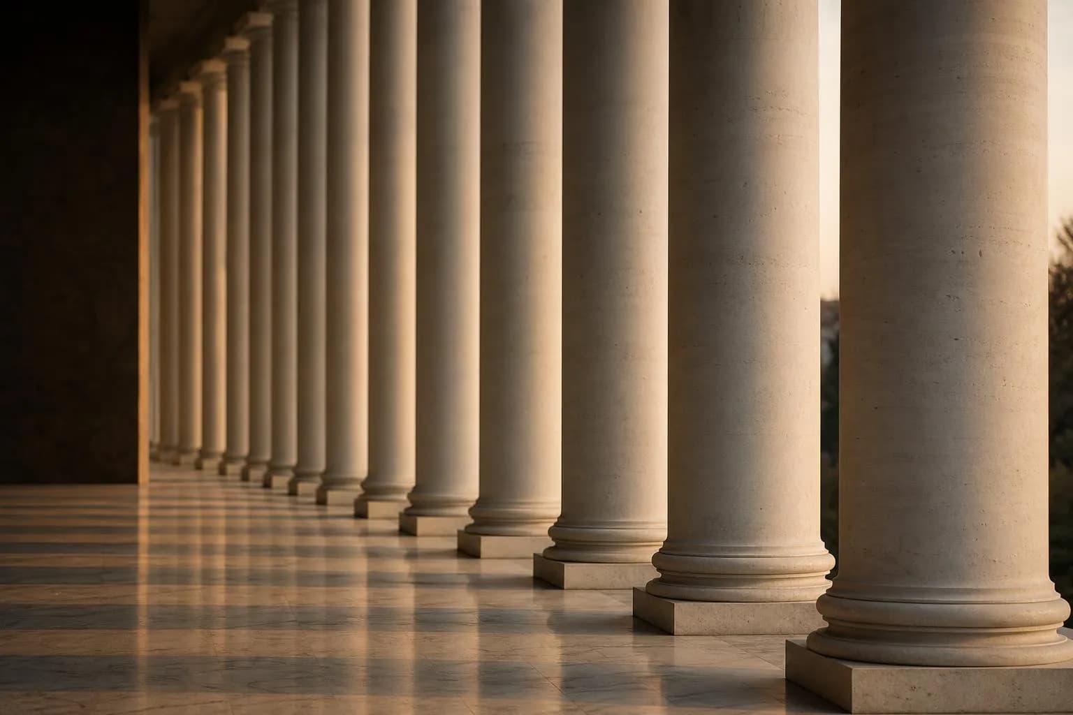 Minimalist colonnade with repeating white columns and clean geometry, suggesting order and interconnected systems.