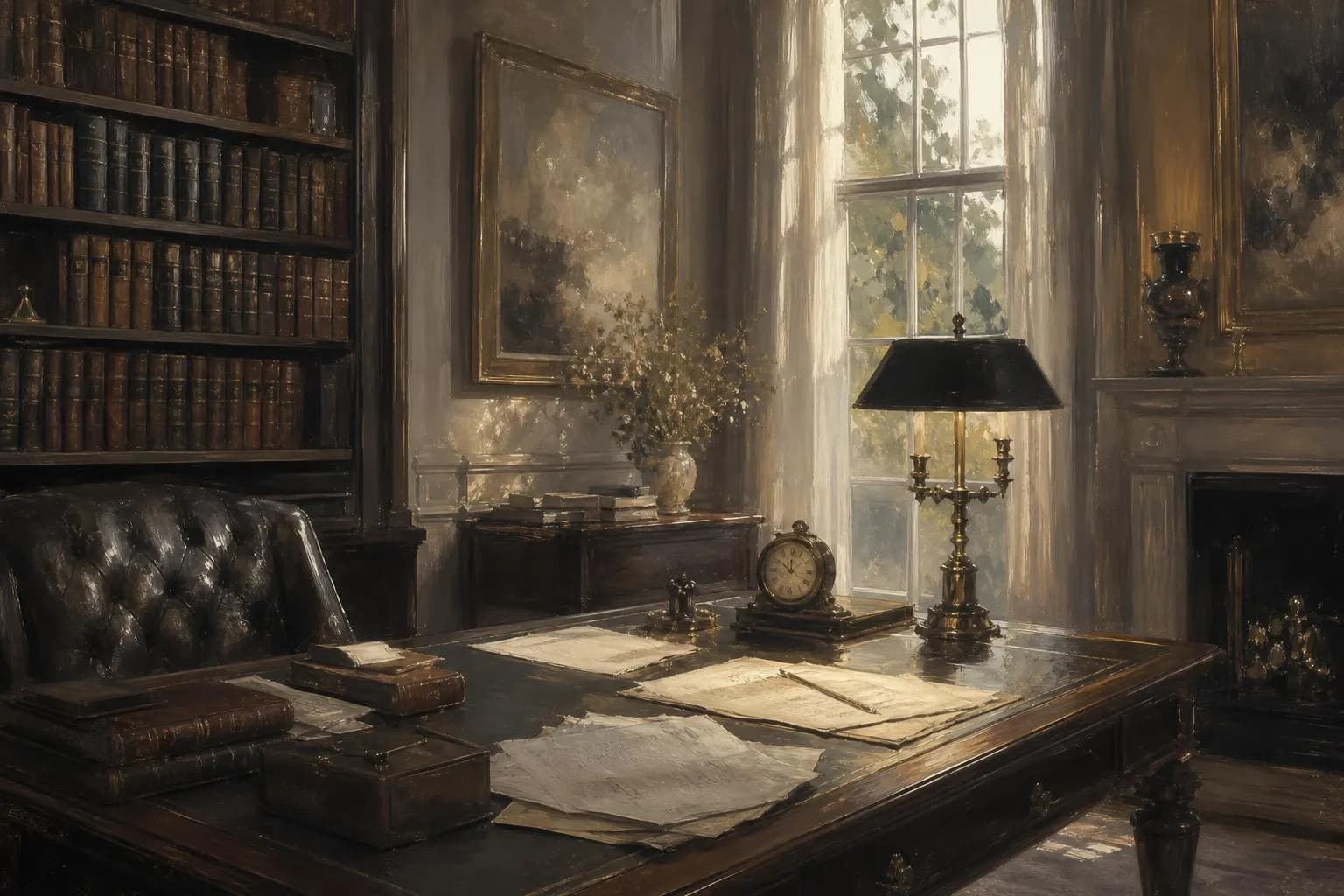 Serene study interior with soft light and period furnishings, rendered in muted impressionistic tones.