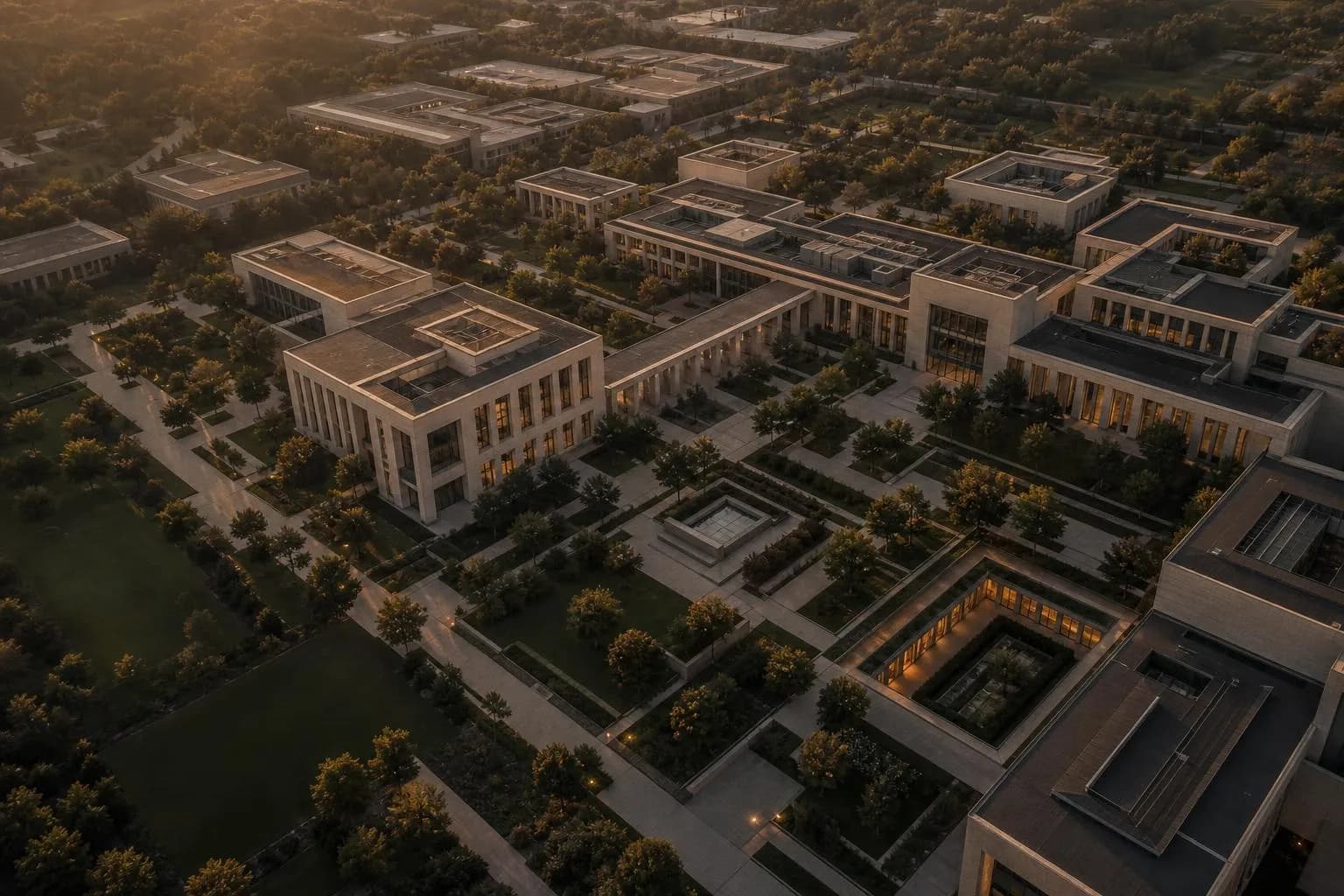 Aerial view of an organized technology campus at dusk with geometric buildings and landscaping patterns.