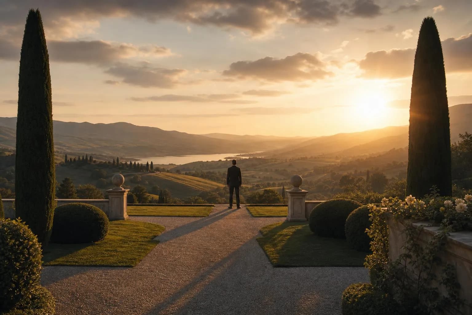 A solitary figure stands in a sunlit landscape at dusk, facing toward the horizon across expansive grounds.