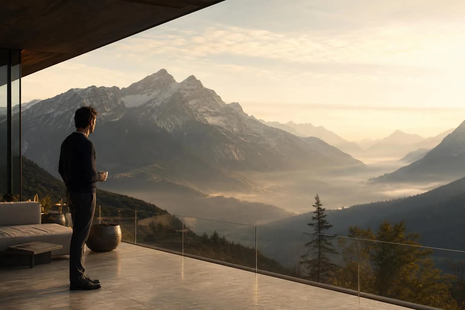 Solitary figure on alpine terrace at dawn, overlooking misty valley beyond glass railing.