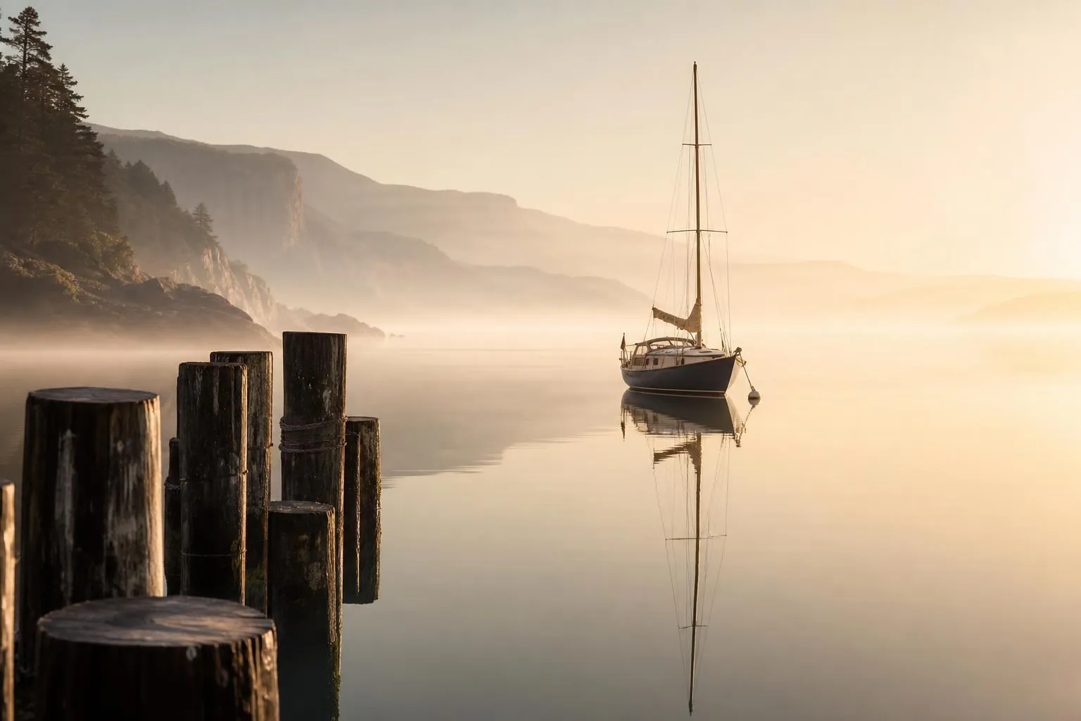 Calm coastal waters at dawn with anchored sailboat and weathered pier posts, soft mist and distant cliffs.