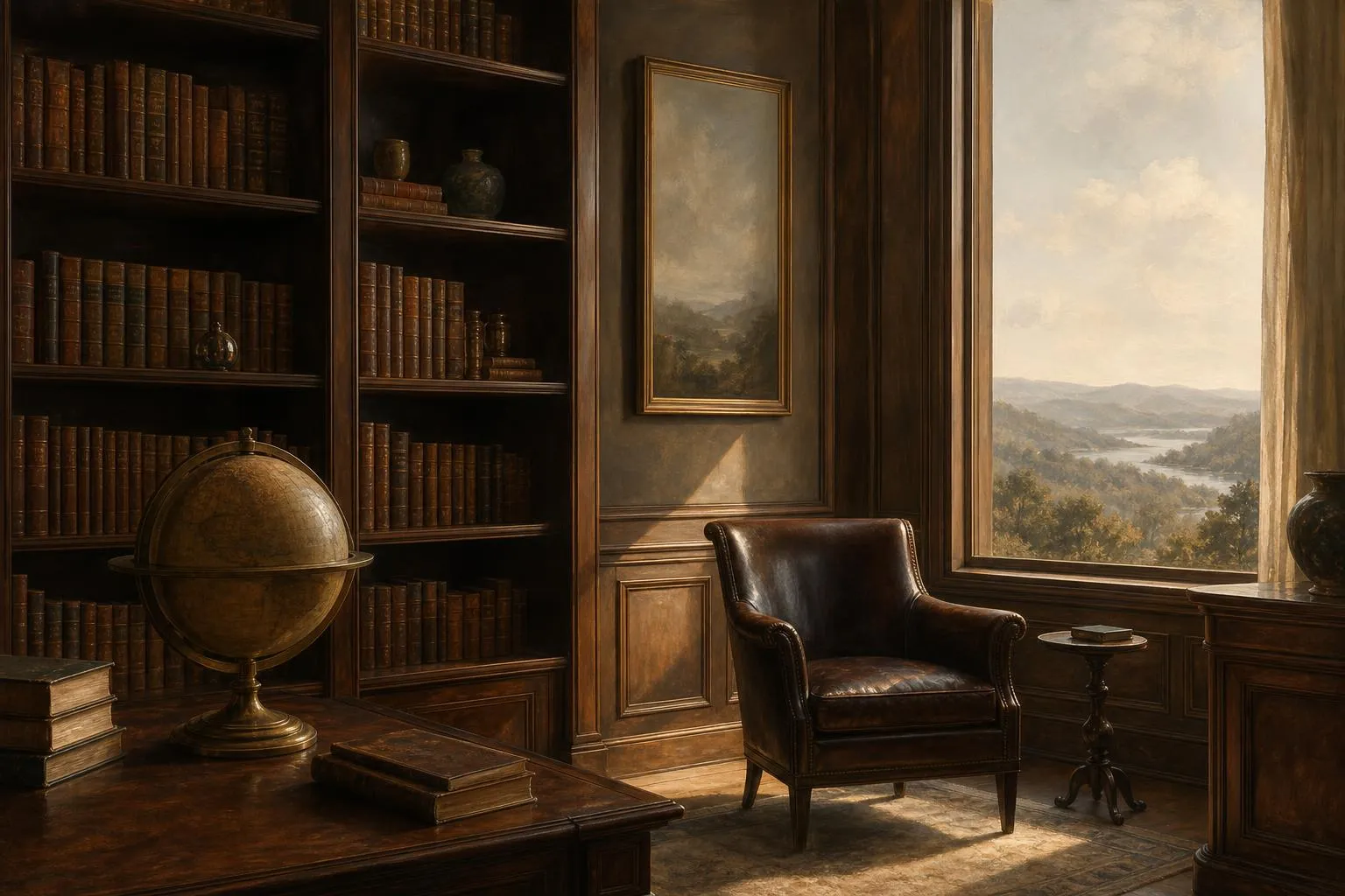 Soft-lit study with books and globe, painted in muted tones, suggesting quiet wealth and thoughtful stewardship
