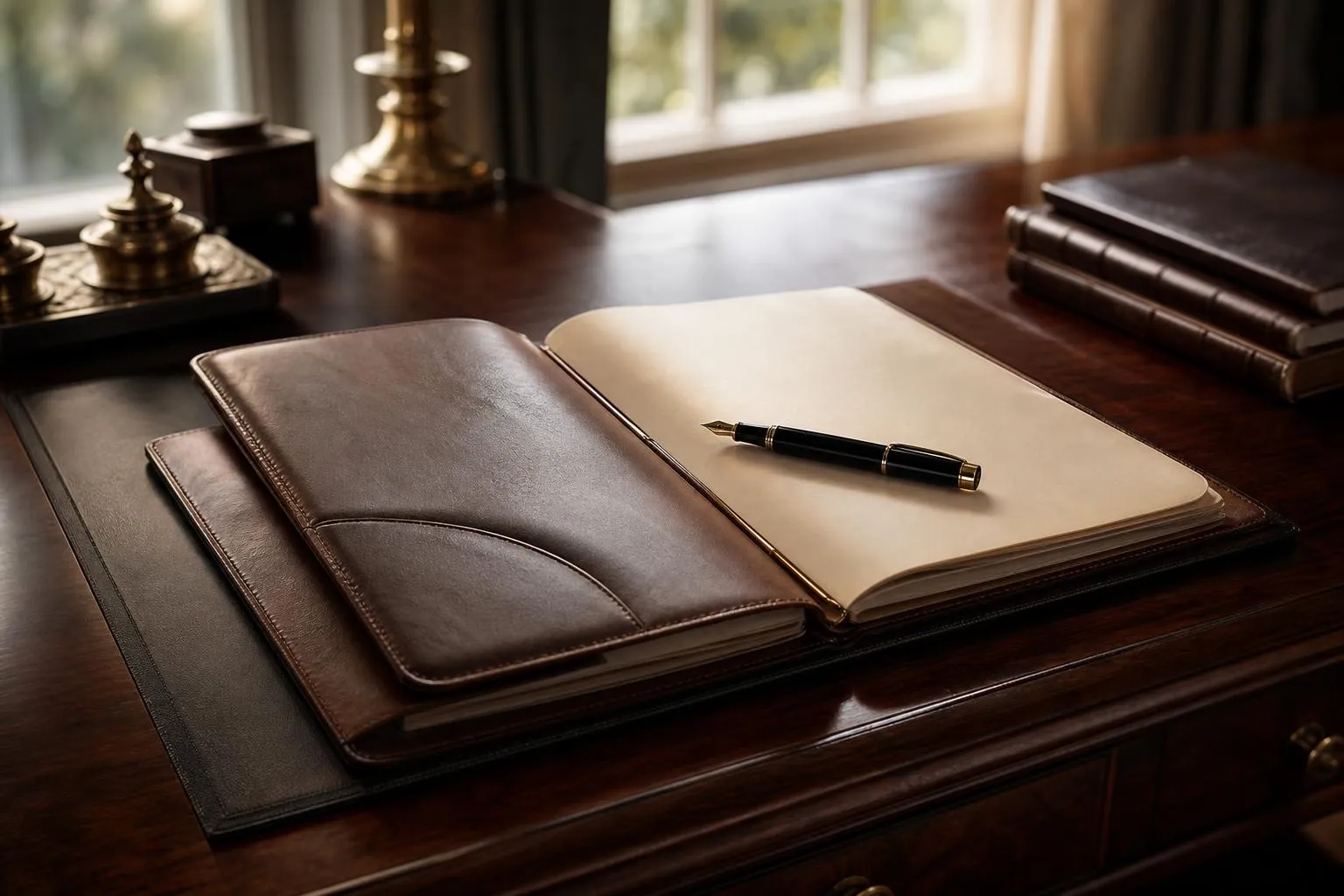 Leather portfolio and fountain pen on mahogany desk, natural light.
