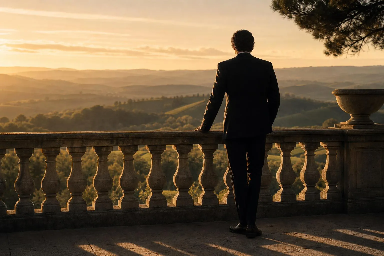 Solitary figure at a terrace railing, gazing over landscape in golden light