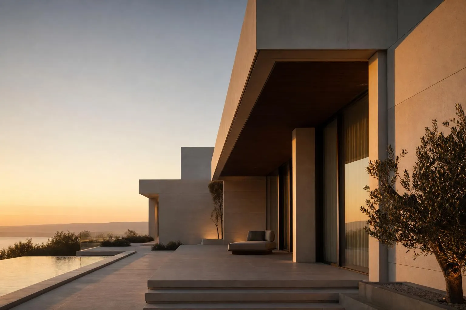Modernist villa facade with precise geometric forms and clean lines, lit by golden-hour light casting sharp shadows.