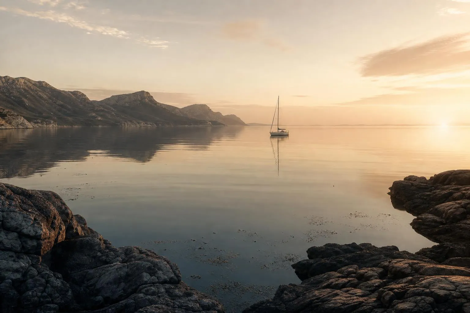 Calm coastal cove at first light with a distant sailboat on mirror-still water.
