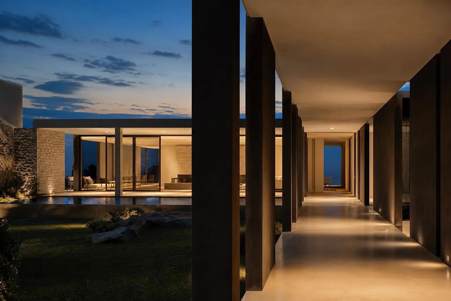 Modernist villa exterior with geometric shadows and warm interior light at dusk