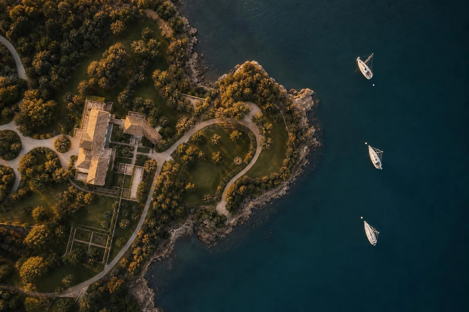 Overhead aerial view of a refined coastal estate with moored boats and manicured grounds at sunset.