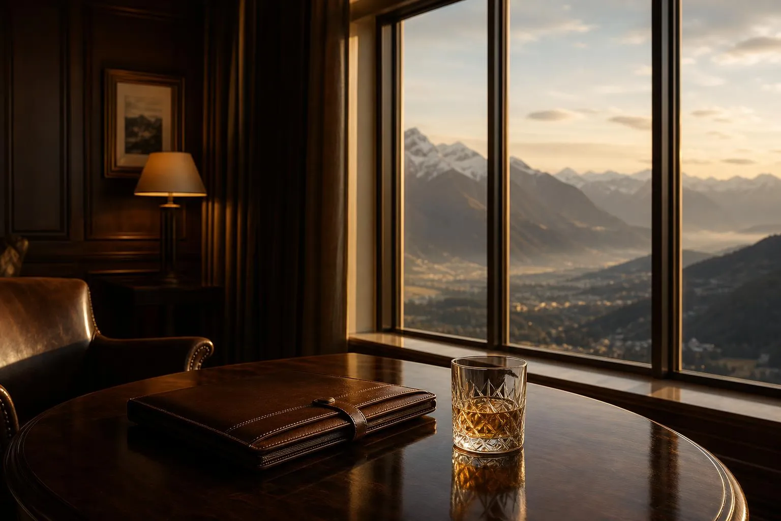 Upscale Alpine retreat interior with mountain views, evoking exclusive wealth management and private access.