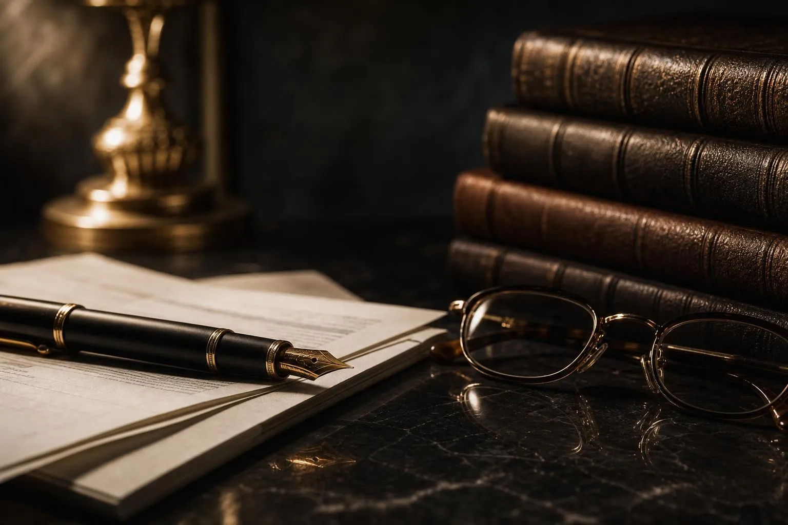 Still life of pen, documents, glasses, and books arranged on a surface with warm, directional lighting.