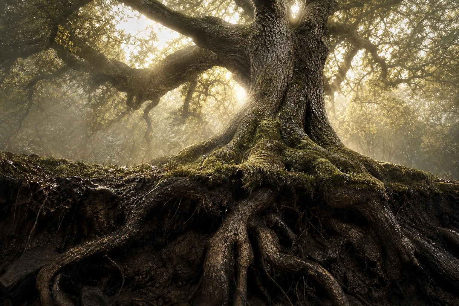Ancient oak tree photographed upward, roots and weathered bark in focus, morning light filtering through canopy.