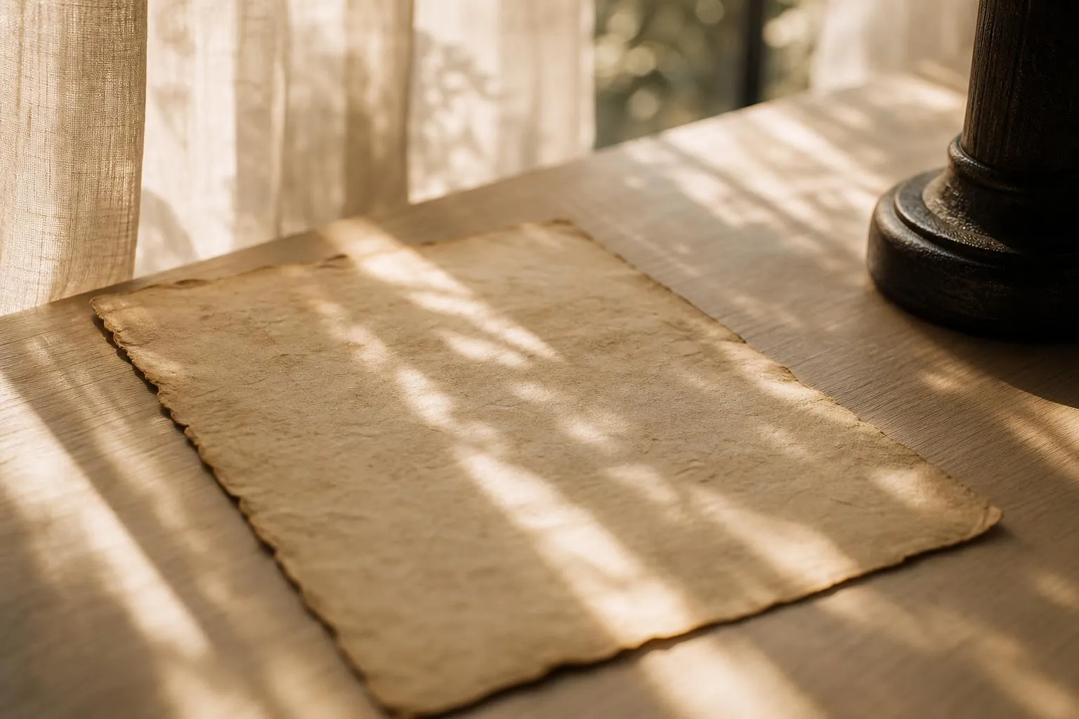 Sunlight filtered through sheer curtains illuminates a document on a pale wood surface, soft shadows and bokeh.