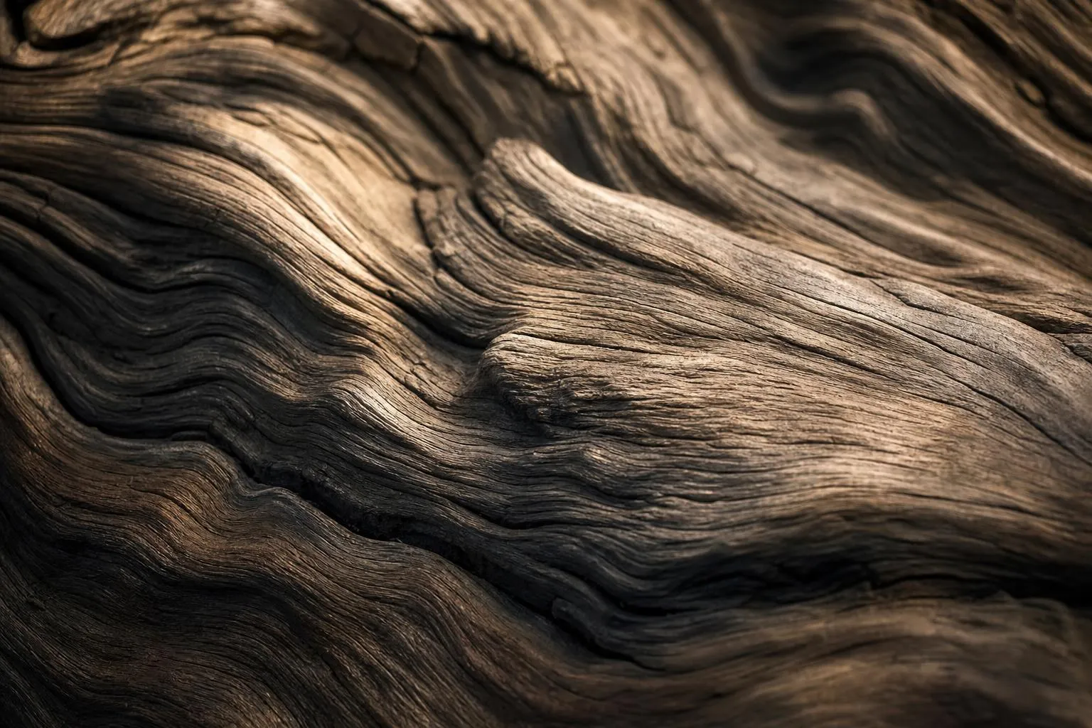 Close-up of aged oak wood grain with deep striations and warm lighting