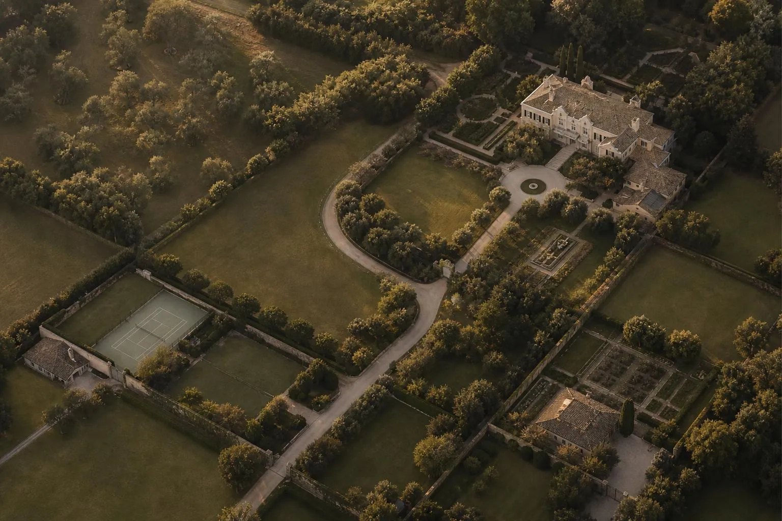 Aerial view of an estate divided by roads and garden boundaries, bathed in golden light.