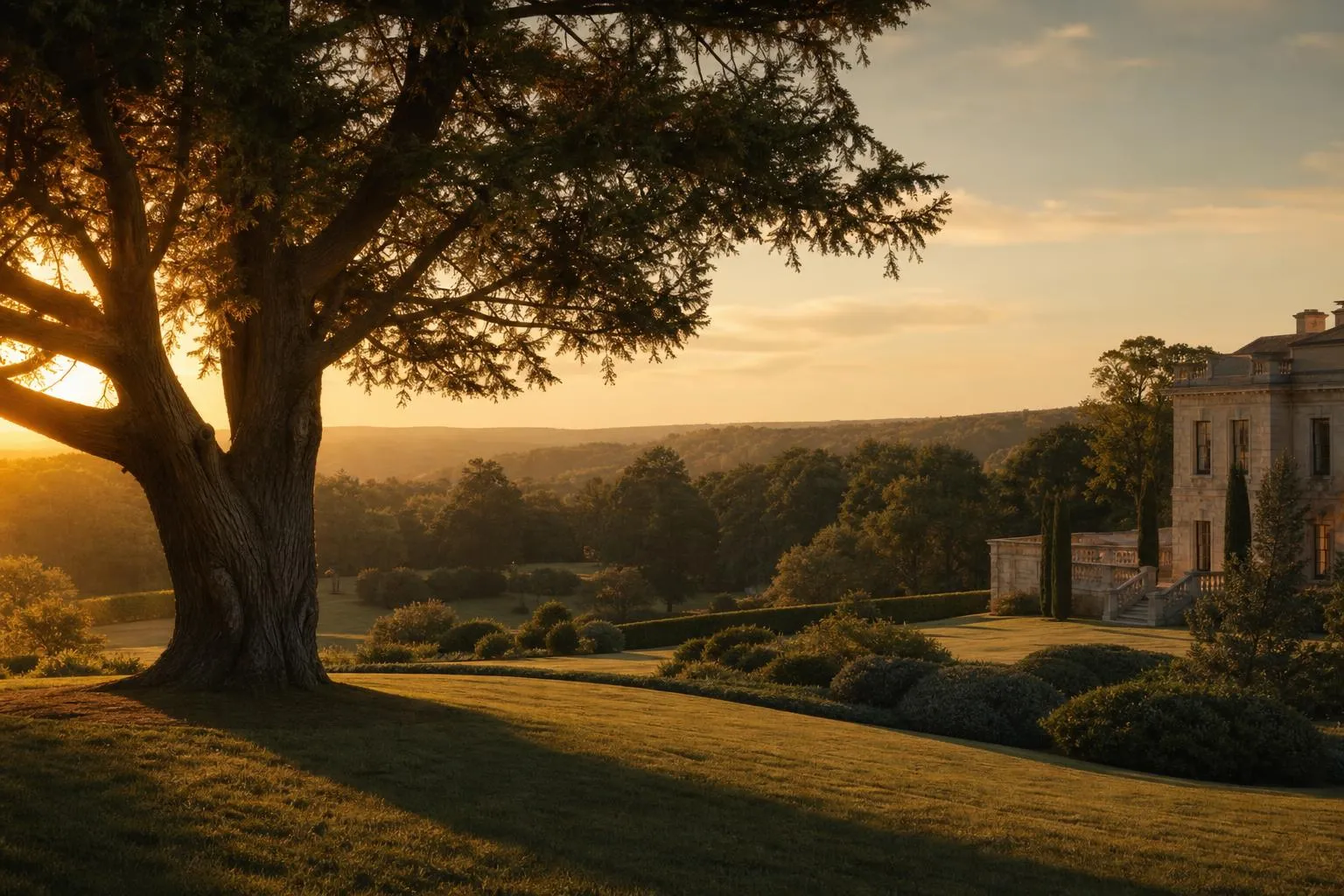 Golden-hour landscape of a private estate with manicured grounds and a solitary mature tree.