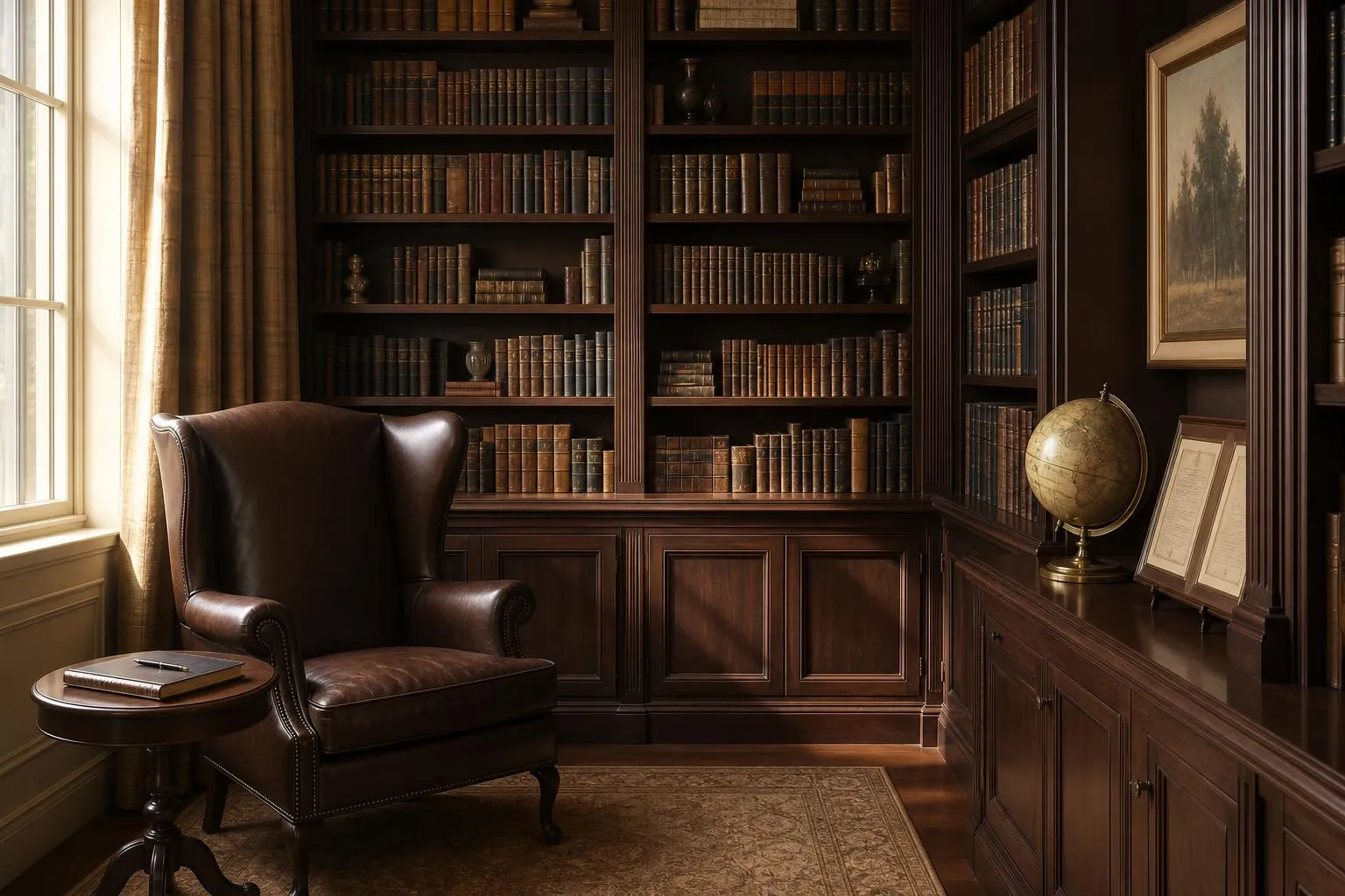 Peaceful private library with shelved books, leather chair, and organized documents on mahogany furniture.