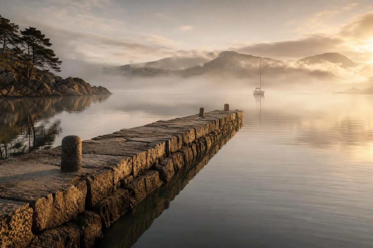 Misty coastal inlet at dawn with distant sailboat and stone jetty, evoking quiet deliberation and legal complexity.