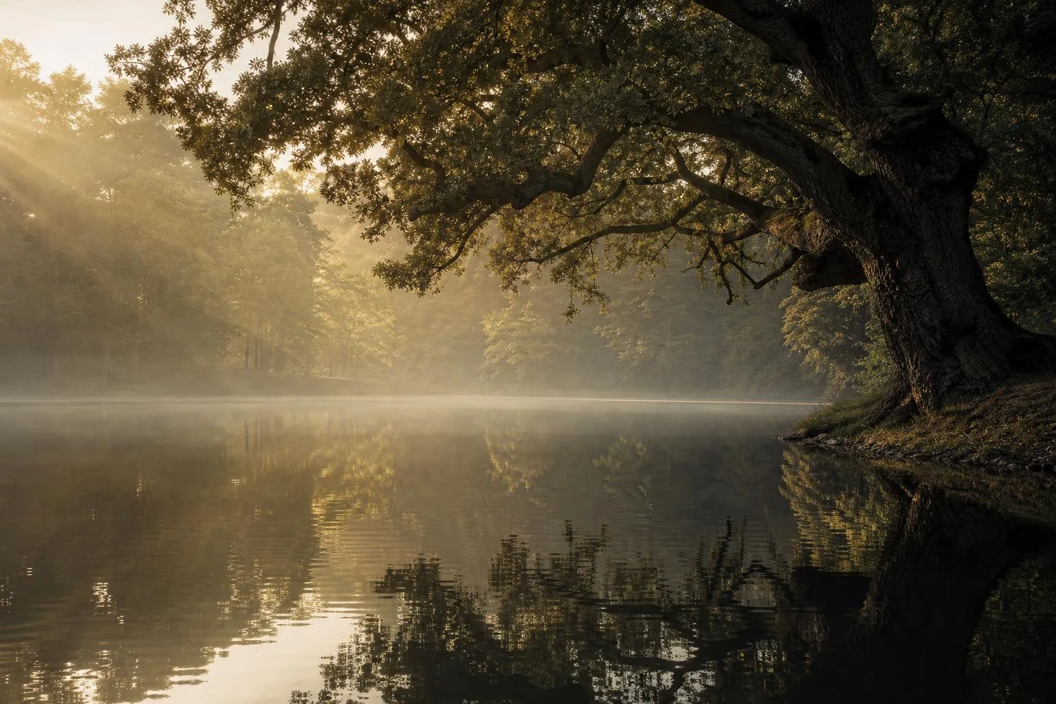 Misty woodland pond reflecting ancient oak tree at dawn, still water with subtle ripples