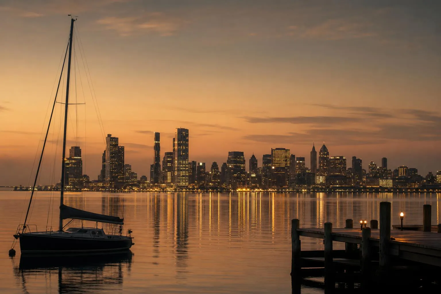 Distant city skyline glowing at dusk across still harbor water, viewed from a quiet shoreline.
