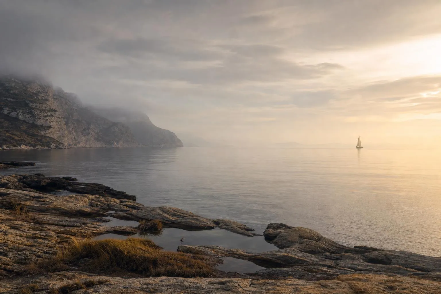 Serene coastal dawn with still water, rocky shore, and a lone sailboat on the distant horizon.