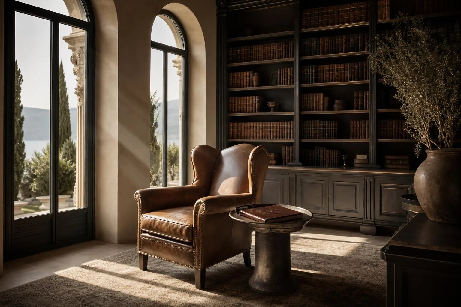 Serene Mediterranean library interior with leather chair, warm natural light, and leather portfolio on side table.