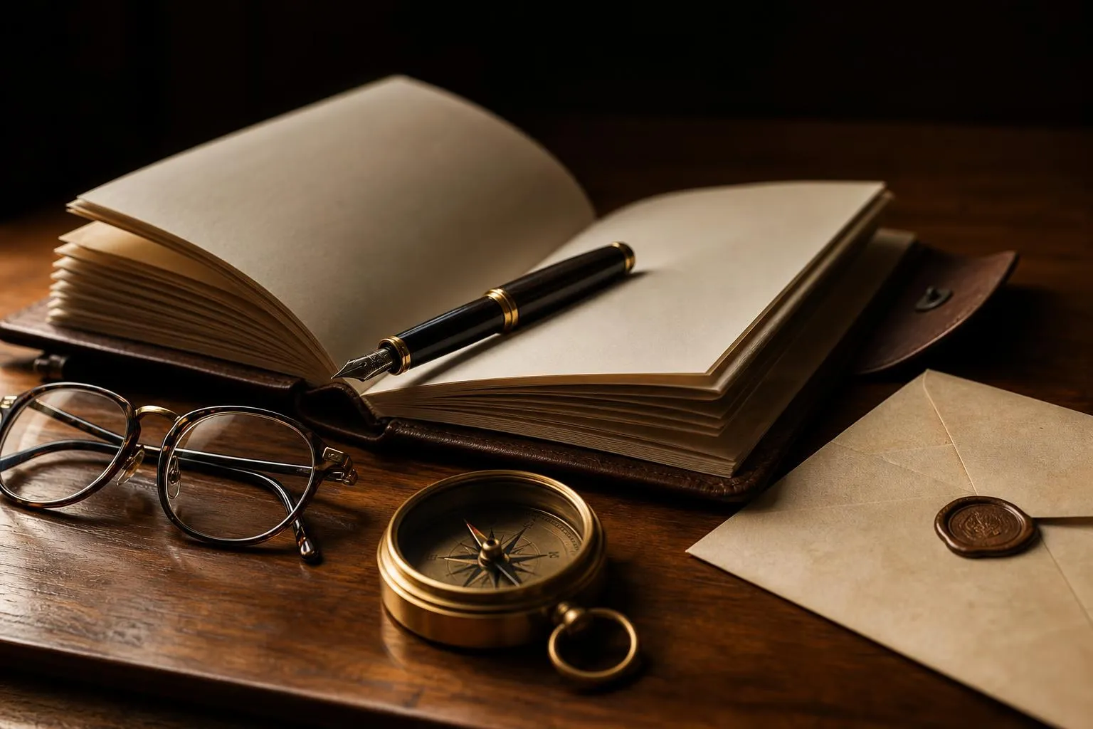 Still life of journal, pen, glasses, compass, and envelope on wood surface, warm natural light