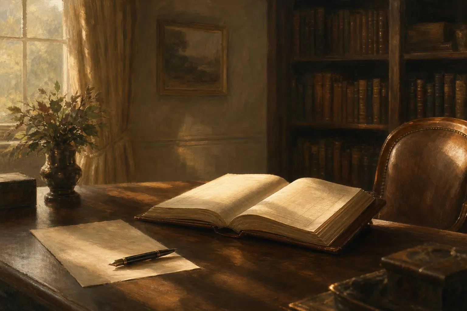 Quiet study with open ledger and pen, warm light, soft impressionist rendering