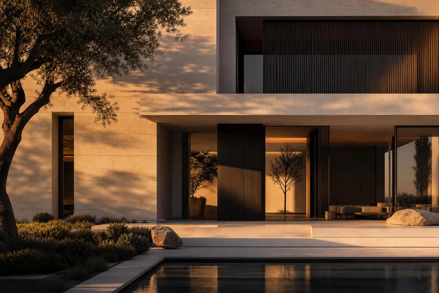Modernist villa facade with geometric lines and sharp shadows, golden hour light.