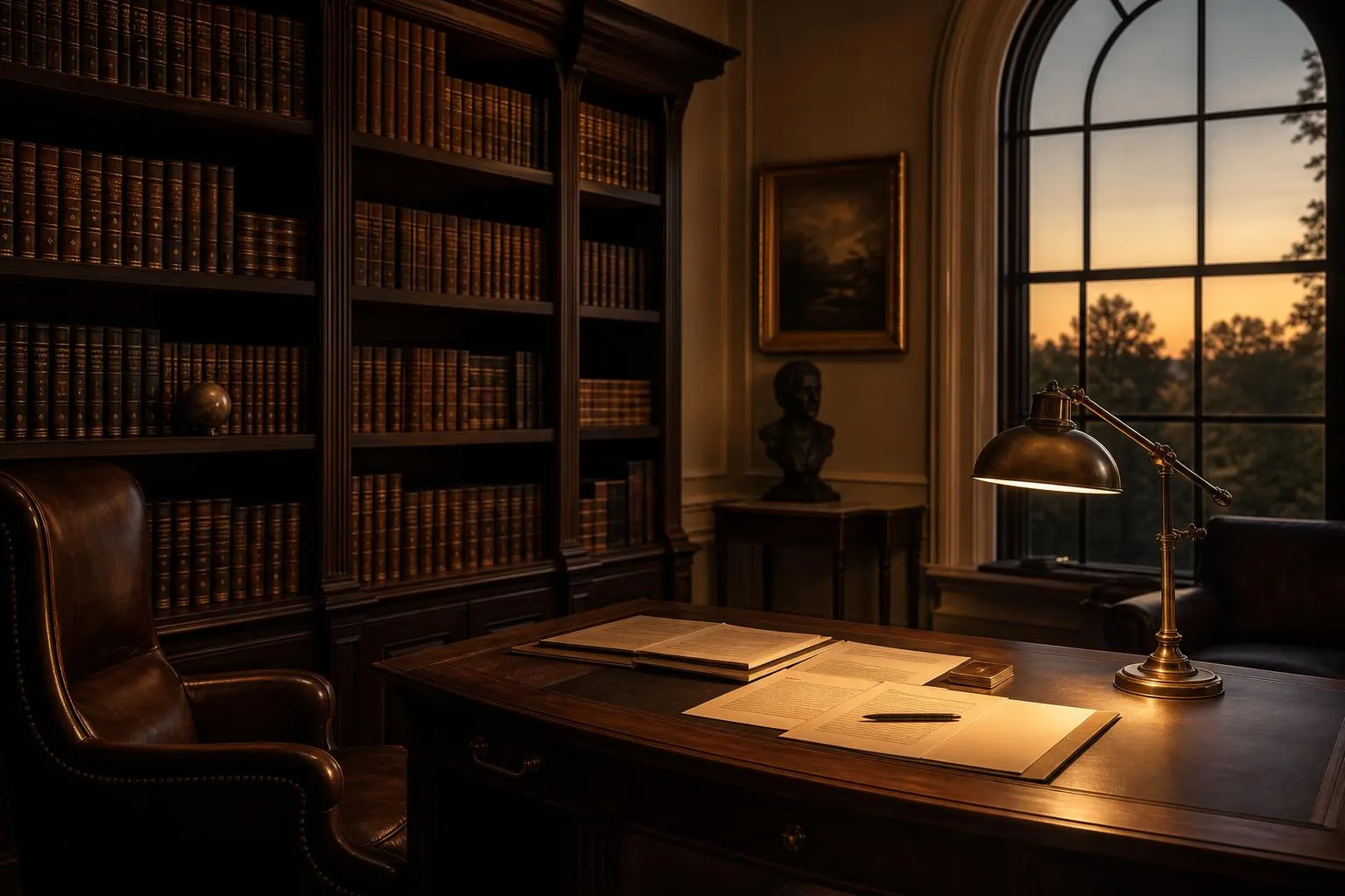 Quiet private library with warm lamplight, open documents on desk, books on shelves, arched window at dusk.