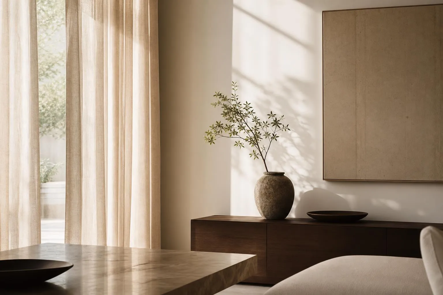 Minimalist interior with soft sunlight streaming through sheer curtains, creating subtle shadows and geometric patterns on a white wall.